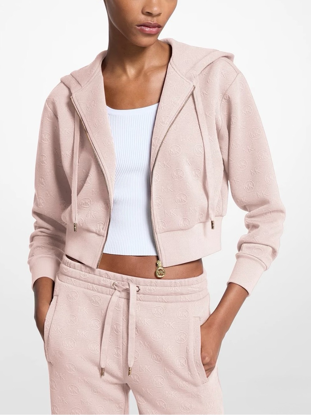 Michael Kors Logo Jacquard Charm Jacquard Cropped Zip-Up Hoodie SZ.M